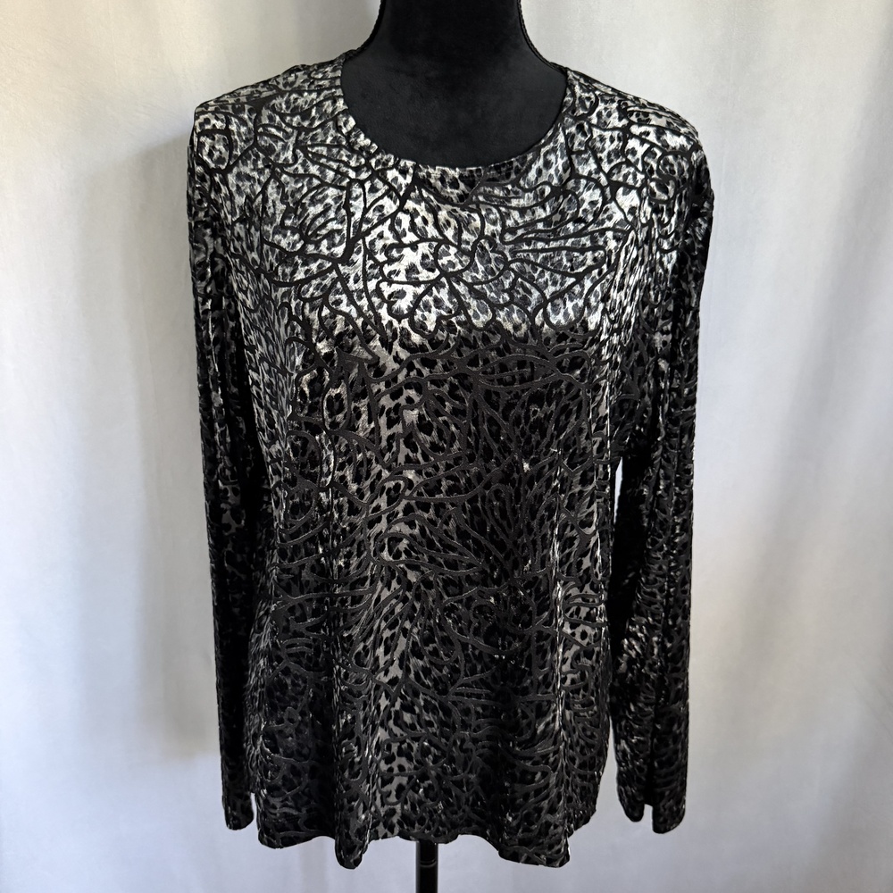 Laura Ashley Shirt Womens L Silver Animal Print Burnout Velvet Long Sleeve Top